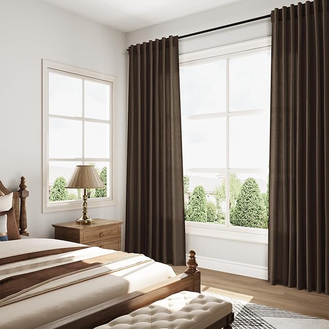 Nanspring Chocolate Linen Blend Light Filtering Back Tab Curtains 96 Inches Long, Semi Sheer Privacy Drapes for Living Room & Bedroom, 52x96 inch, 2 Panels