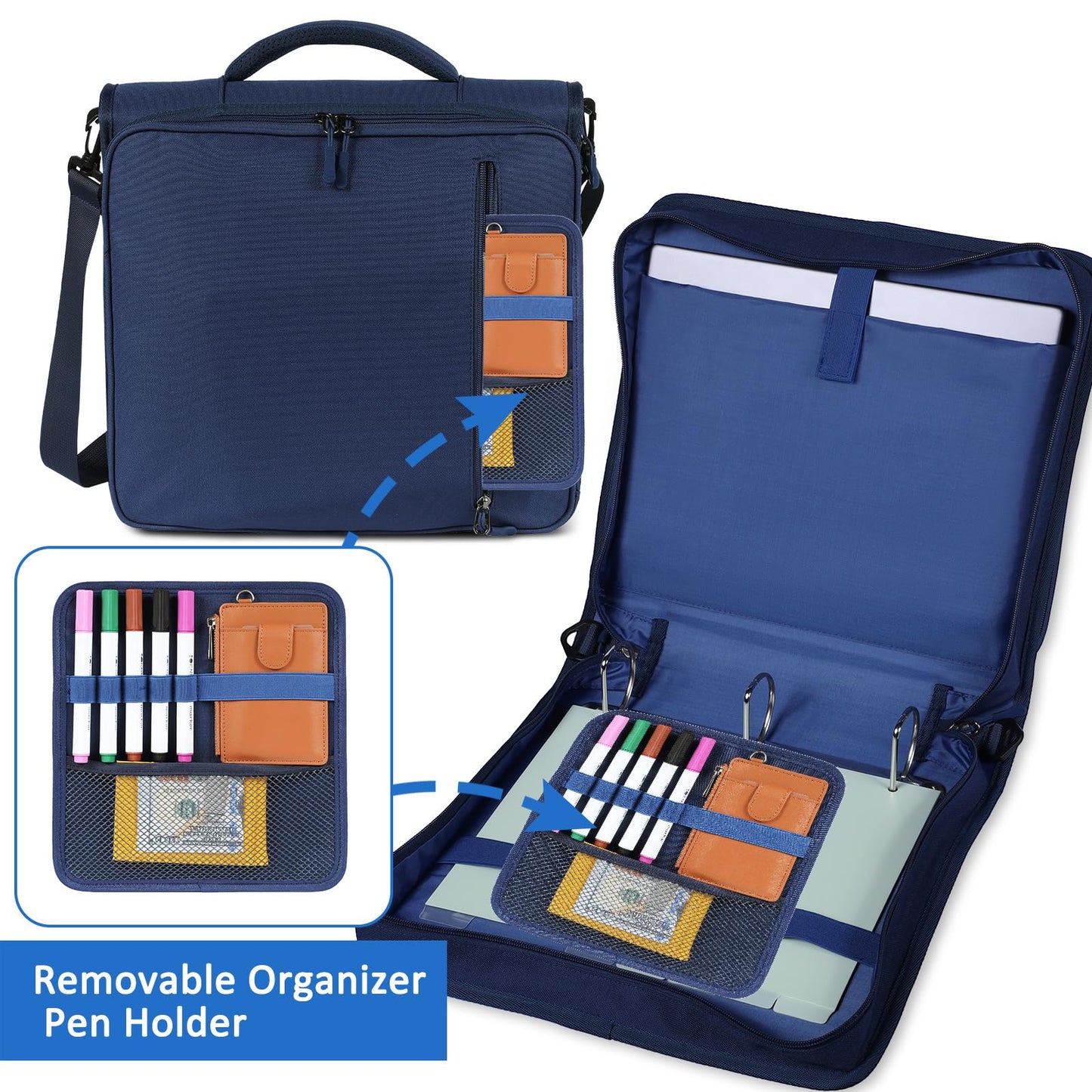 2 Inch 3 Ring Zipper Binder with Multi-Pocket, 6-Tab Expandable File Folder, Fits 14” Laptop, Zipper Bag Fits 500 Sheet Capacity with Handle & Shoulder Strap(Blue)