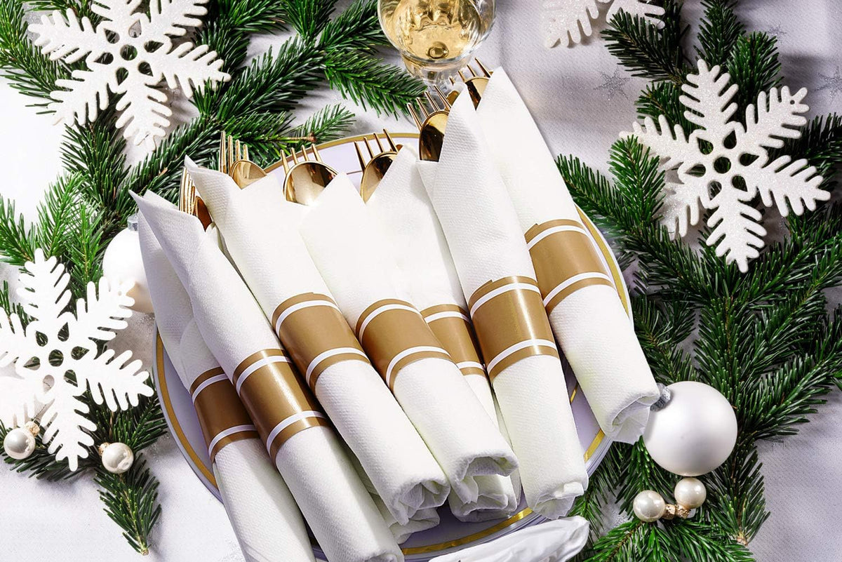 Supernal Pre Rolled Napkin with Gold Plastic Silverware Set of 30pack, Disposable Gold Silverware with Linen Napkin, Heavy Weight, Wrapped Plastic Silverware Suit for Wedding, Catering Event, Party