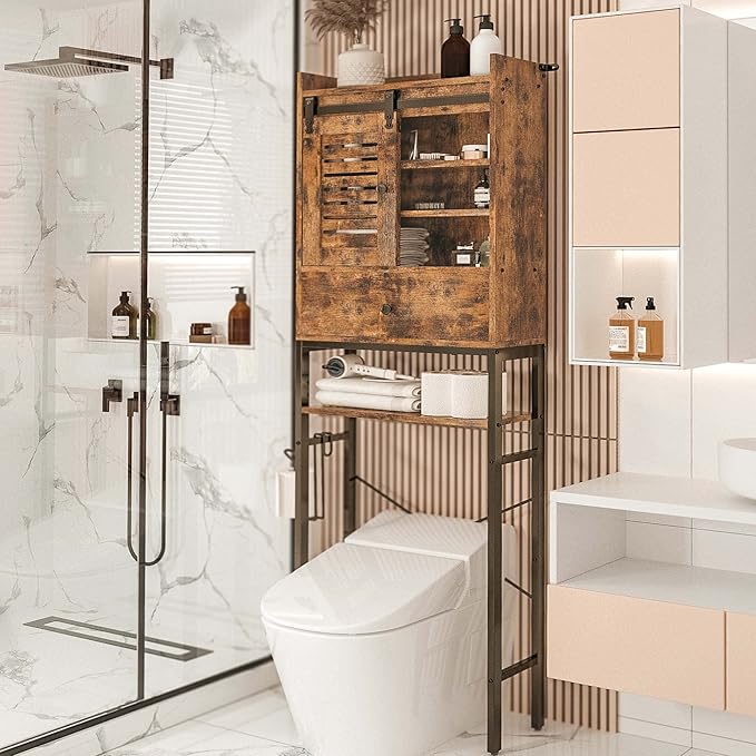 IRONCK Over The Toilet Storage Rack with Cabinet and Drawer, 6 Tier Bathroom Organizer Shelves Space Saver with Adjustable Shelf, Sliding Door, Paper Hook, Vintage Brown
