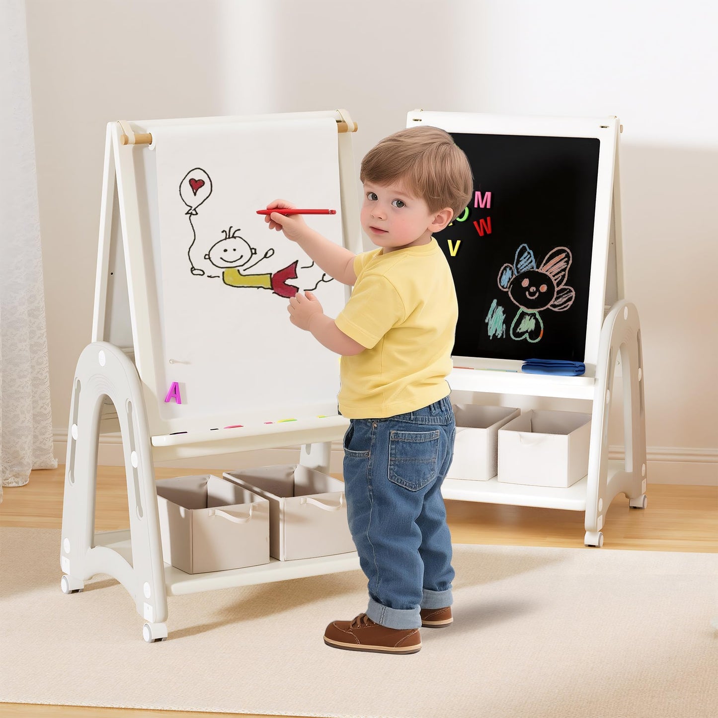 hoopyosms Art Easel for Kids 2-4 with Wheels, Whiteboard, Chalkboard & Paper Roll Adjustable Height 3-in-1 Toddler Easel for 2-4 Year Old Painting Easel for Kids with Storage & Accessories, Grey