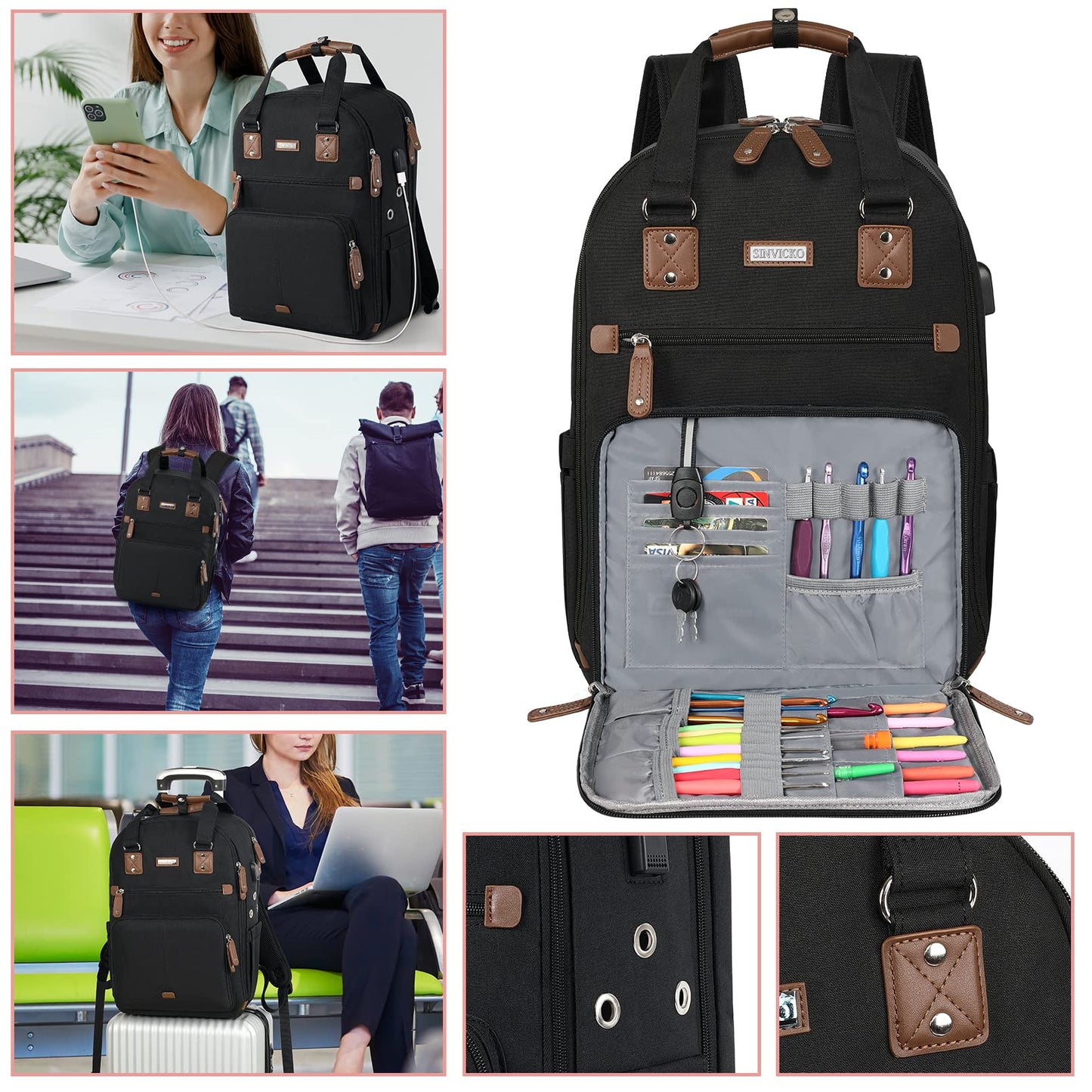 Crochet Bag Backpack,Knitting Bag Backpack and Totes Organizer with USB Charging Port, Large Yarn Storage Tote Bag Yarn Holder Case for Knitting Needles, Crochet Hooks,fits 15.6 inch Laptop,Black