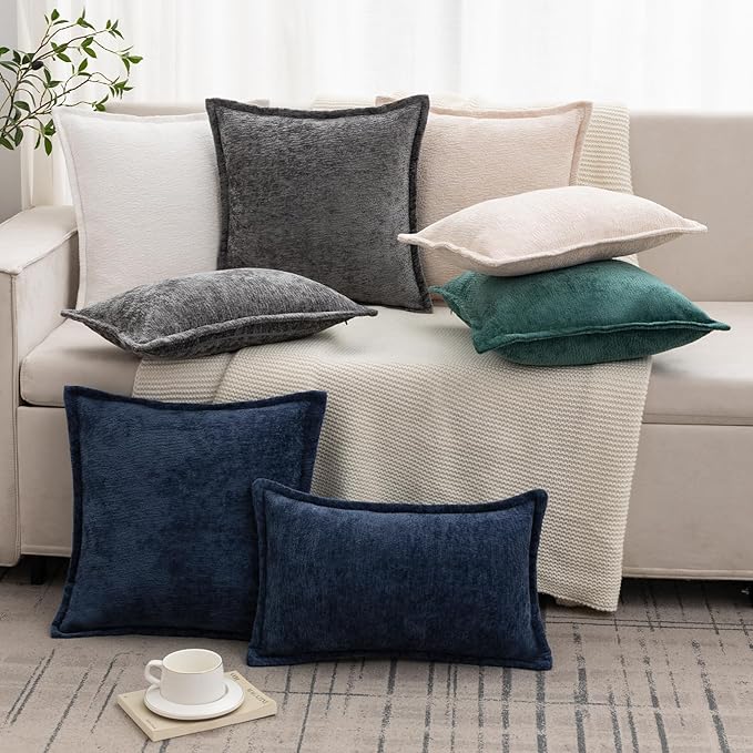 Navy Blue Decorative Throw Pillow Covers 20x20 Inch Set of 2 Cozy Soild Chenille Cushion Cases Soft Textured Square Couch Pillows Cover Boho Accent Farmhouse Pillowcases for Sofa Bed