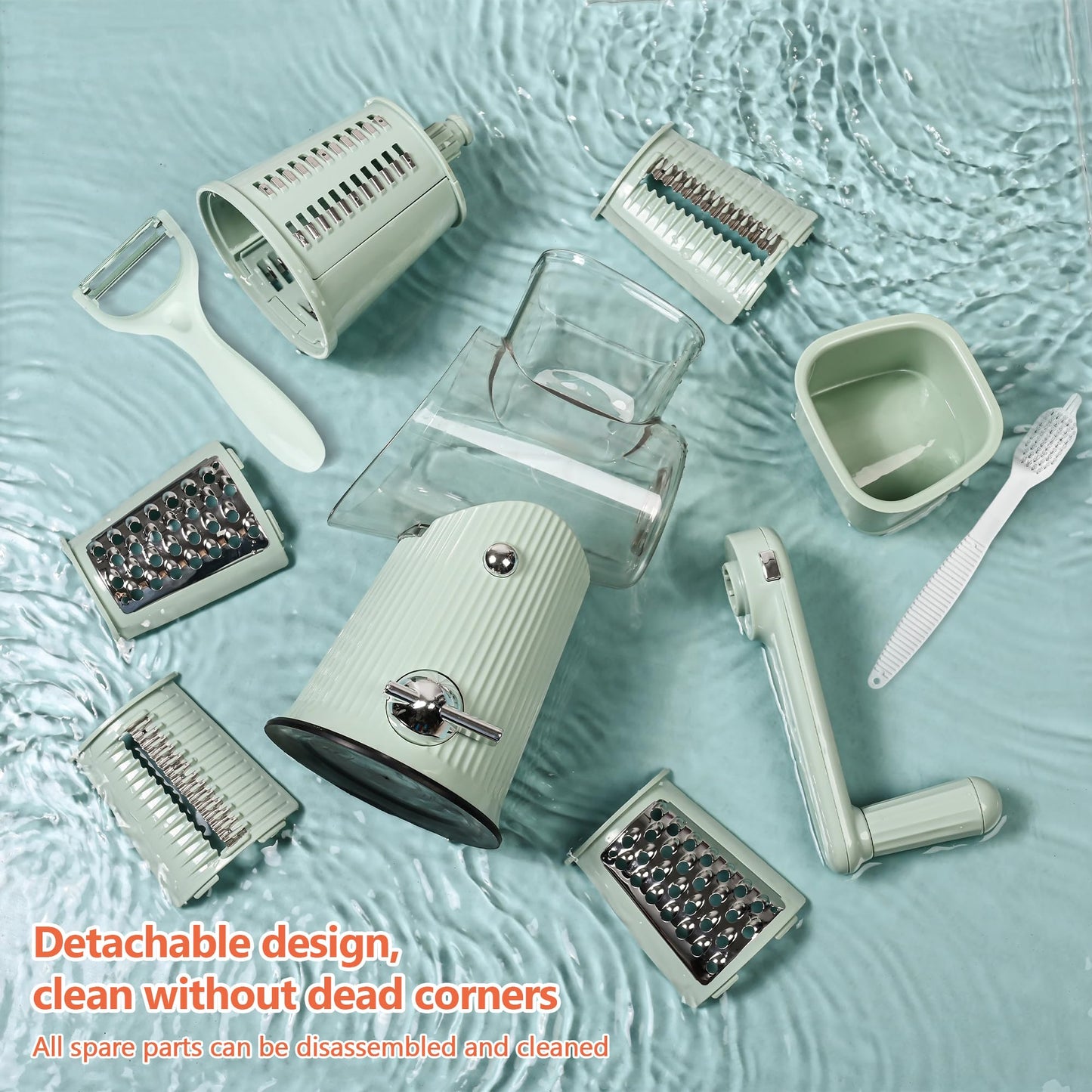Cheese Grater With Hand Crank Countertop For Kitchenļ¼Grater Shredder With Handle For Kitchen Rotatingļ¼Vegetable Slicerļ¼Nuts Grinder Cheese Shredder with Clean Brush(5 Blades Matcha Color)