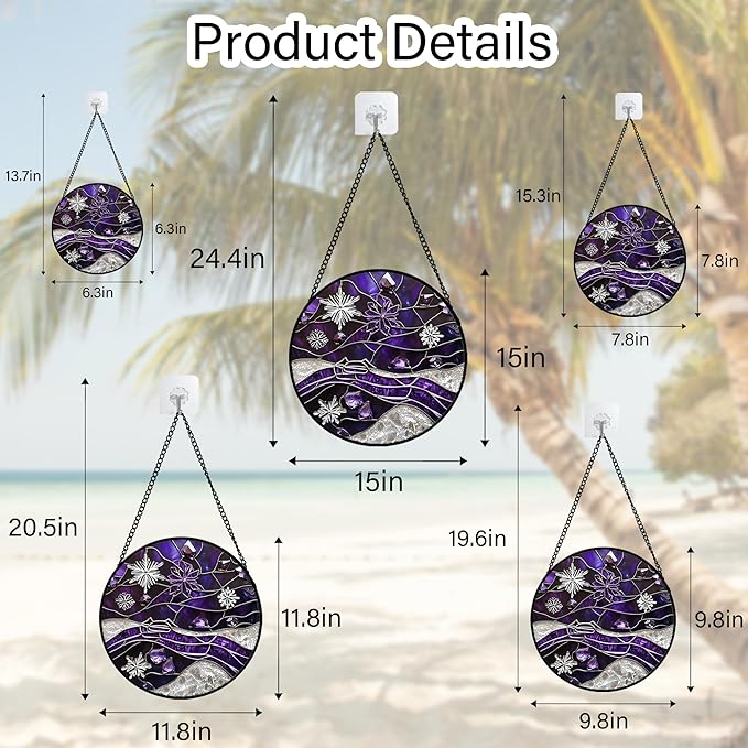 Stained Glass Window Hanging - Silver Purple Snowflakes Suncatcher for Doors Home Christmas Decoration Sun Catcher Thanksgiving New Year Birthday Gifts for Friend Women Men Mom Nana 7.8 in