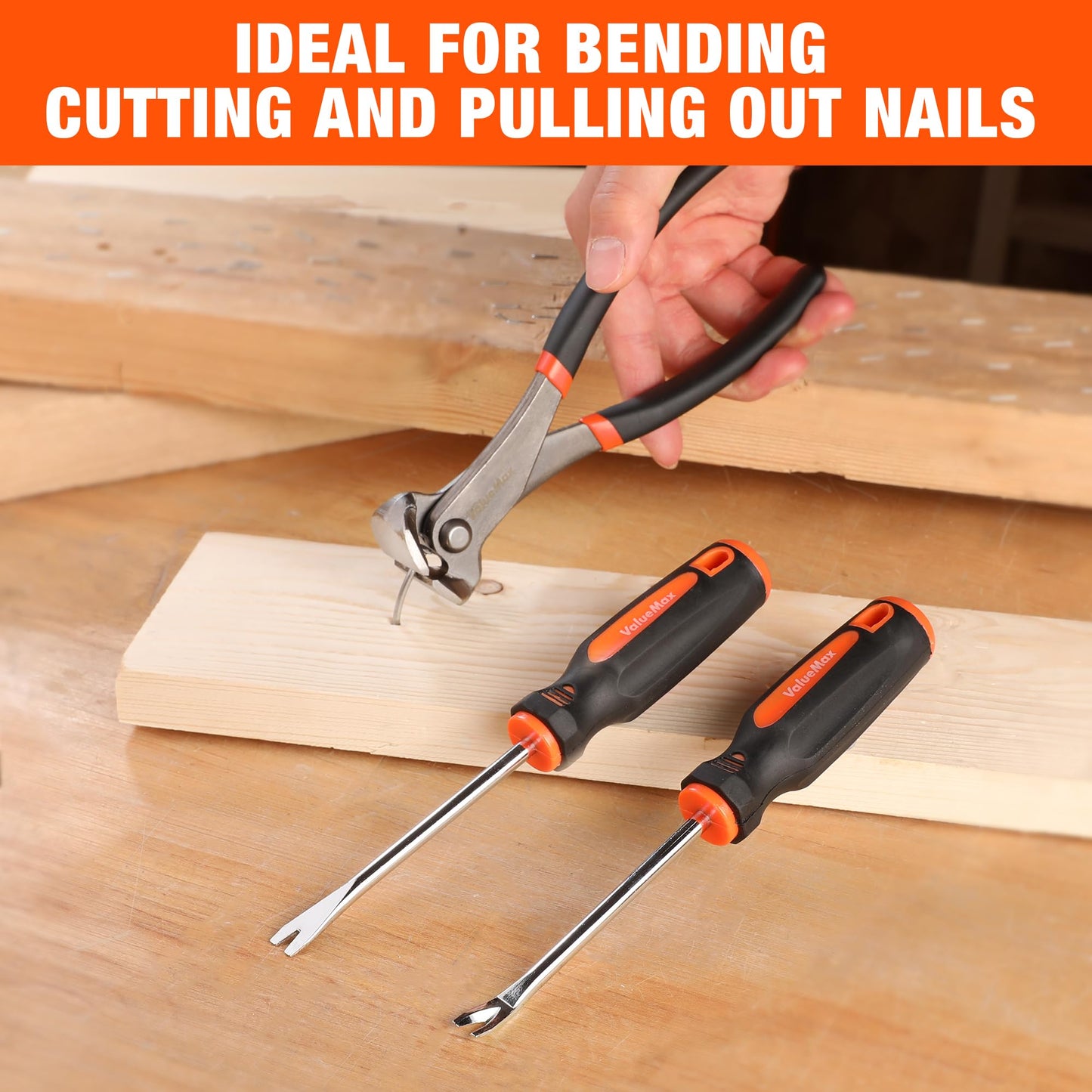 VALUEMAX 3Pcs Nail Puller and Staple Remover Tool, Include 7" End Cutting Pliers, 8" Bendable and Straight V Tip Staple Puller, Upholstery Tools for Cutting Wires, Removing Nails and Staples