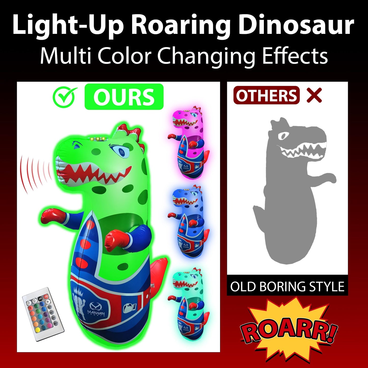 Marwan Sports Punch, Light & Roar Dinosaur Punching Bag – 47" Inflatable Bop Bag for Kids Ages 3-14 | Bounce-Back Toy with Lights & Roaring Sounds | Active Play Gift for Toddlers & Children
