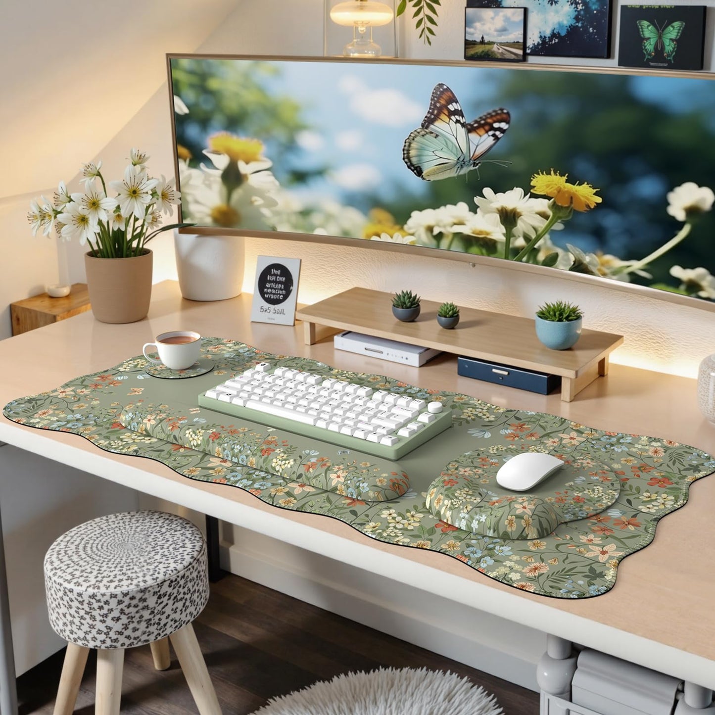 iCasso Desk Mat Set,Large Mouse Pad with Wrist Rest,Ergonomic Keyboard Wrist Support for Women,Girly Floral Computer Mat with Scalloped Edges,Non-Slip Desk Pad Home Office Gaming (Green)