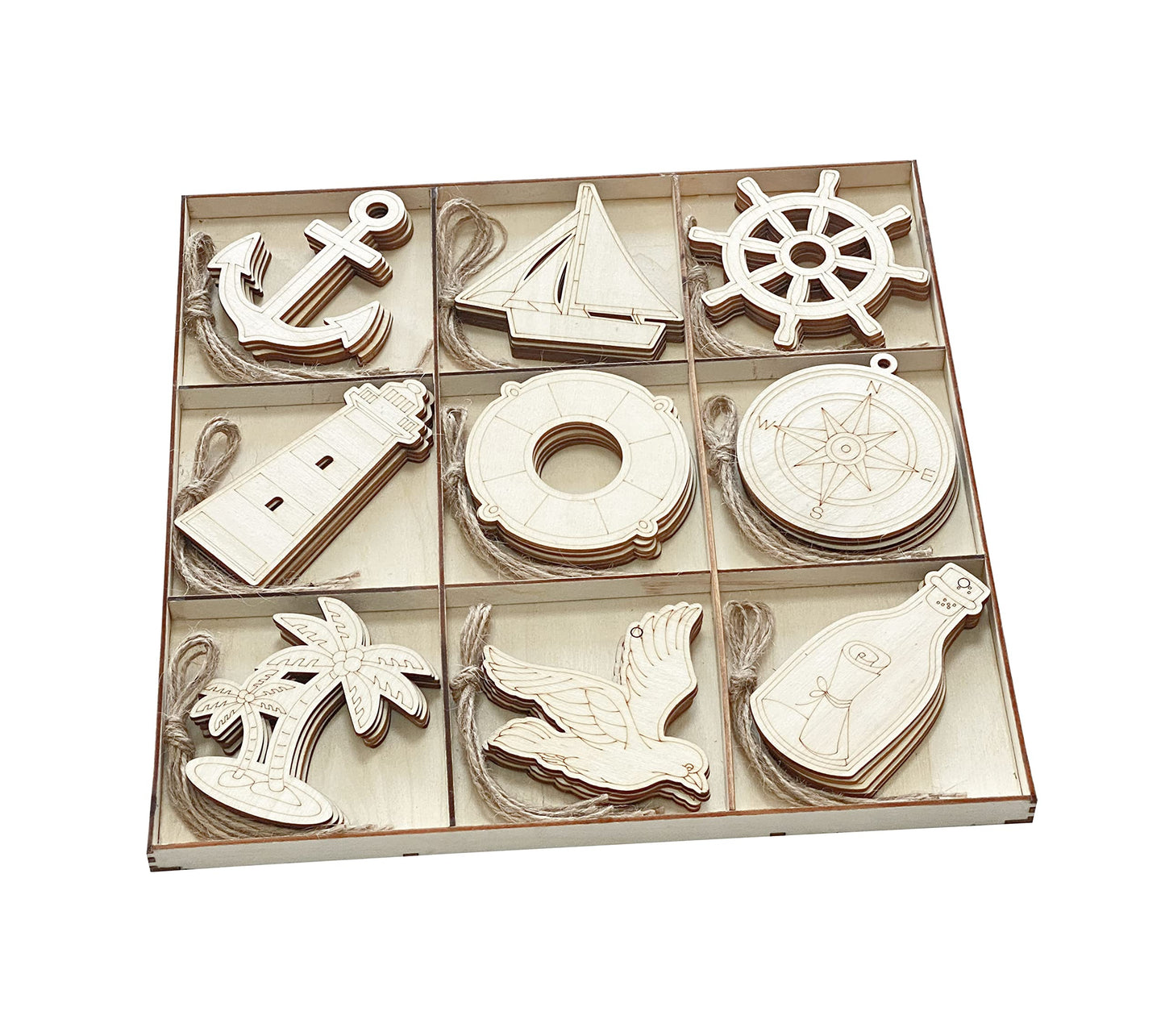 45 Pack Unfinished Nautical Wood Cutouts for Crafts, Wooden Anchor,Sailboat,Ship Wheel,Compass for DIY Project 3.5 Inch 5 Peices Each