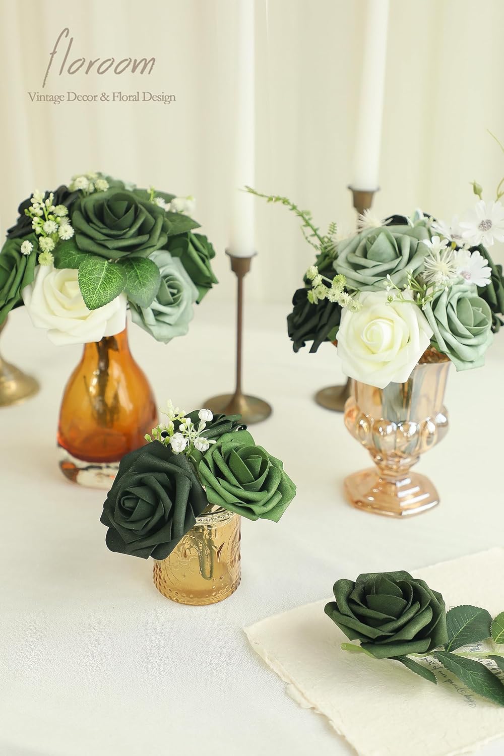 Floroom Artificial Flowers 25pcs Real Looking Emerald Green Foam Fake Roses with Stems for DIY Wedding Bouquets Bridal Shower Centerpieces Floral Arrangements Party Tables Home Decorations