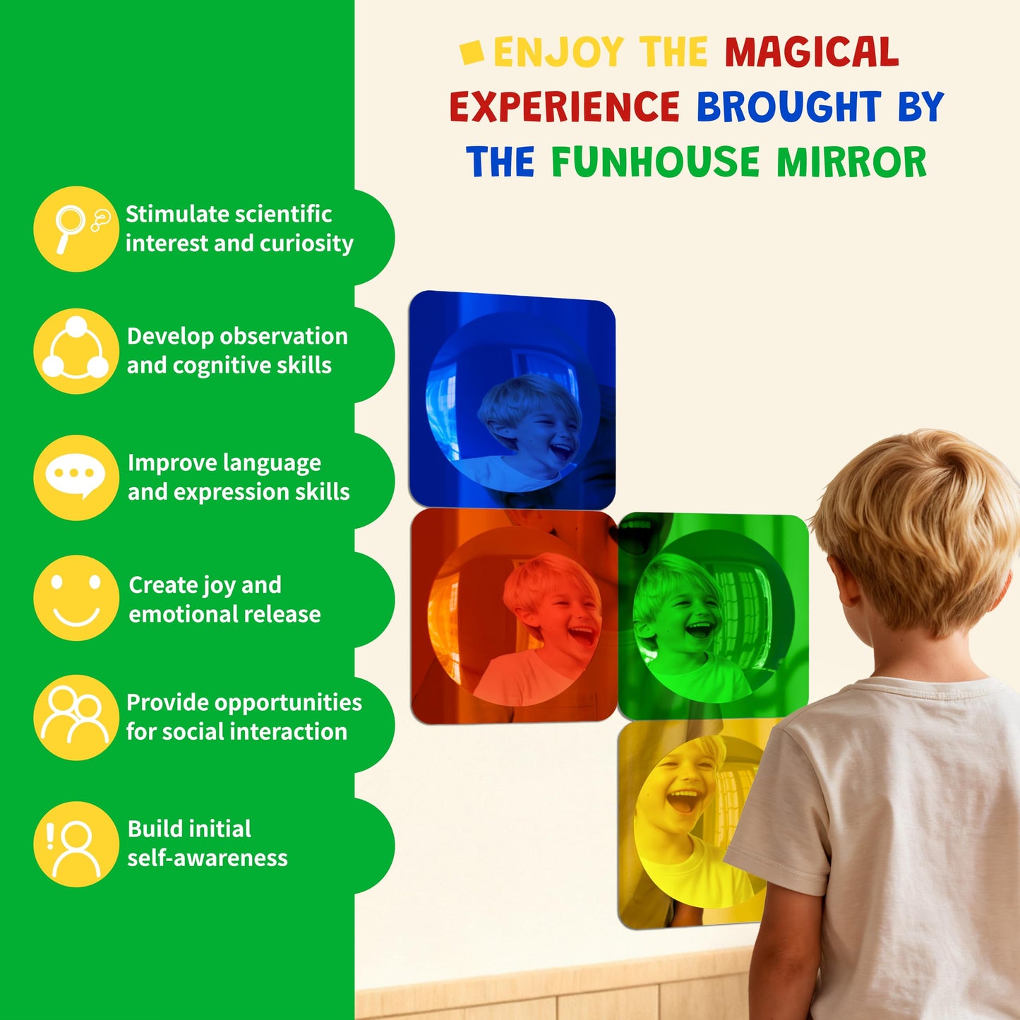 Whimtoyland 4 Pcs Sensory Wall Mirror Acrylic Bubble Mirror Wall Decoration for Kids Classroom Kindergarten Sensory Room Science Classroom Decompression Space (10 x 10 Inch,Red,Yellow,Green,Blue)