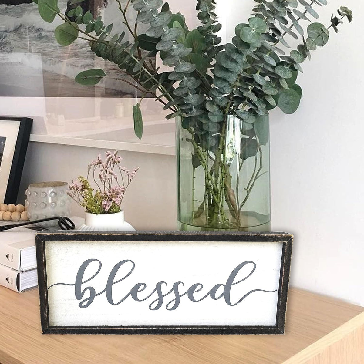 Rustic Blessed Freestanding Sign Home Decor for Living Room - Farmhouse Framed Blessed Wall Art Solid Wood Grey 12x5 Inches