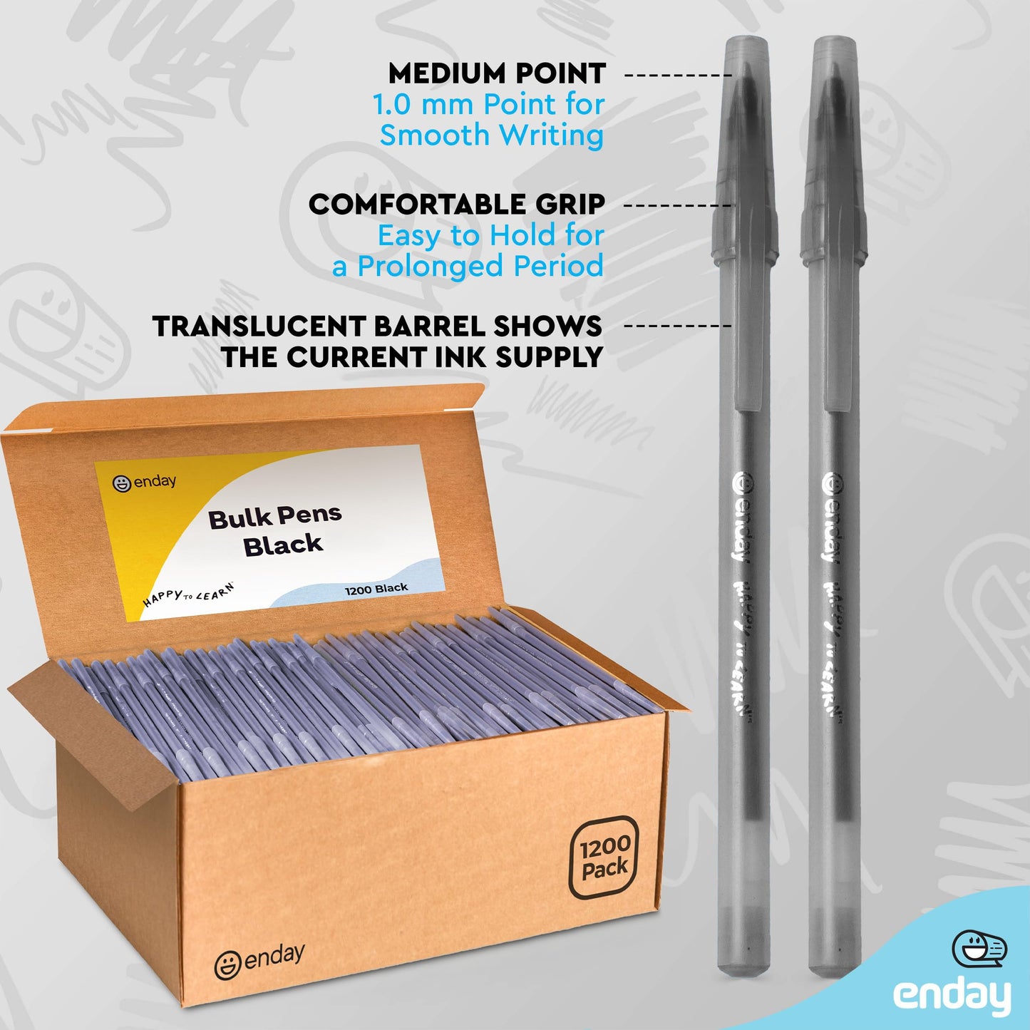 Enday 1200 Pack Bulk Ballpoint Pens Black 1200 Black Pens, Medium Point (1.0mm) Smooth Writing Pens, Comfortable Grip, Quick Dry Ink, Office School Home Supplies.