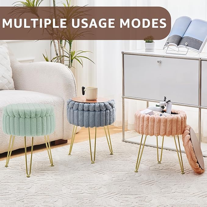 Wimarsbon Vanity Stool with Storage, Faux Fur Ottoman Chair with Metal Legs, Round Makeup Vanity Chair for Bedroom or Dressing Table, Modern Small Ottoman Seat (Beige)
