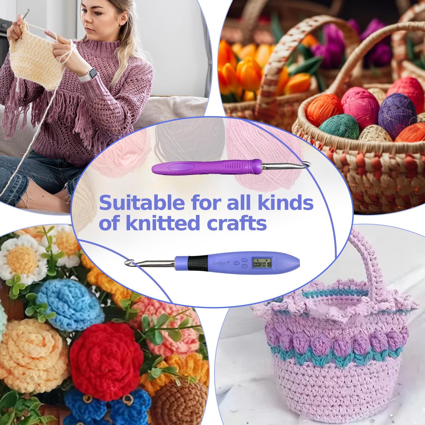 Zcvtbye 18 Size Counting Crochet Hook for Beginners, Lighted Led Digital Row Stitch Counter with Ergonomic Soft Handle, Interchangeable Metal Hook Heads, USB Rechargeable for Dark Yarn