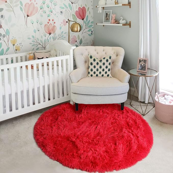 Red Circle Round Rug 7Ft for Living Room Bedroom, Large Fluffy Shag Area Rugs for Kids Room Decor Aesthetic, Fuzzy Plush Fur Carpets for Nursery Classroom, Red Carpet, Indoor Furry Rugs for Teen Boys