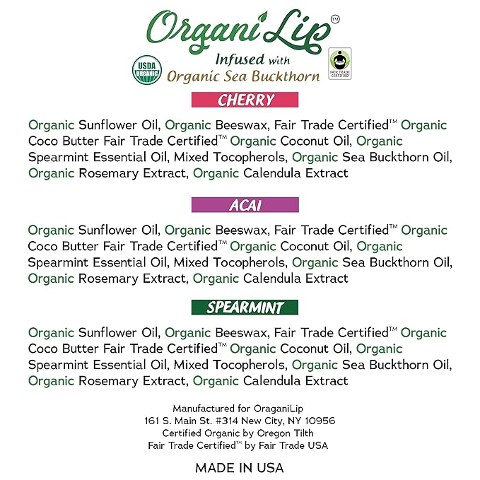 OrganiLip Organic Lip Balm, Variety3 Pack (Spearmint, Cherry, Acai), Ultra Hydrating Lip Moisturizer for Dry Lips, USDA Certified Organic,