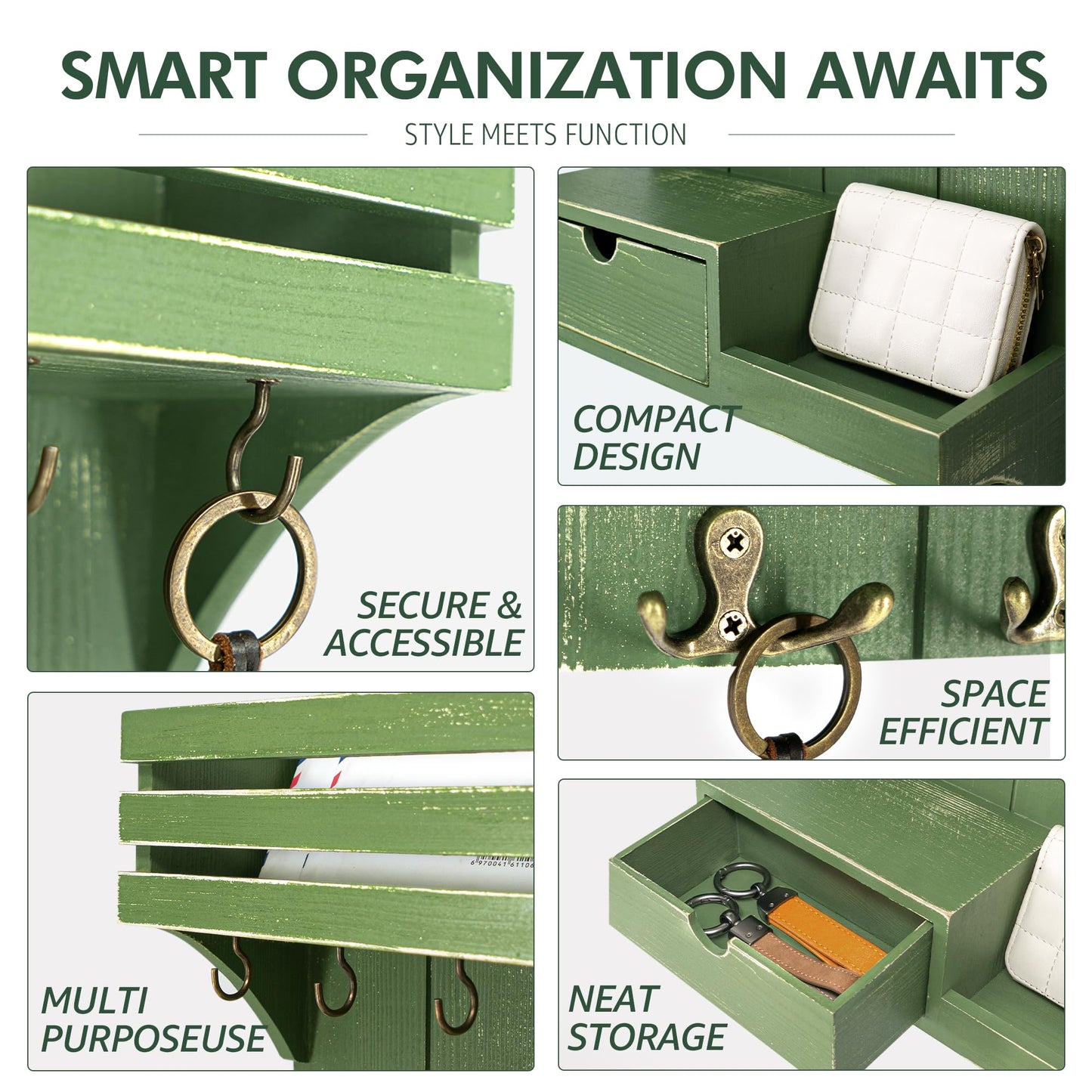 Rebee Vision Pine Wood Key Holder Wall Mount with Small Drawer Organizer - Wall Mounted Mail Organizer & Key Holder with 9 Hooks for Home Decor - Ideal for Entryway, Hallway, and Bedroom (Green)