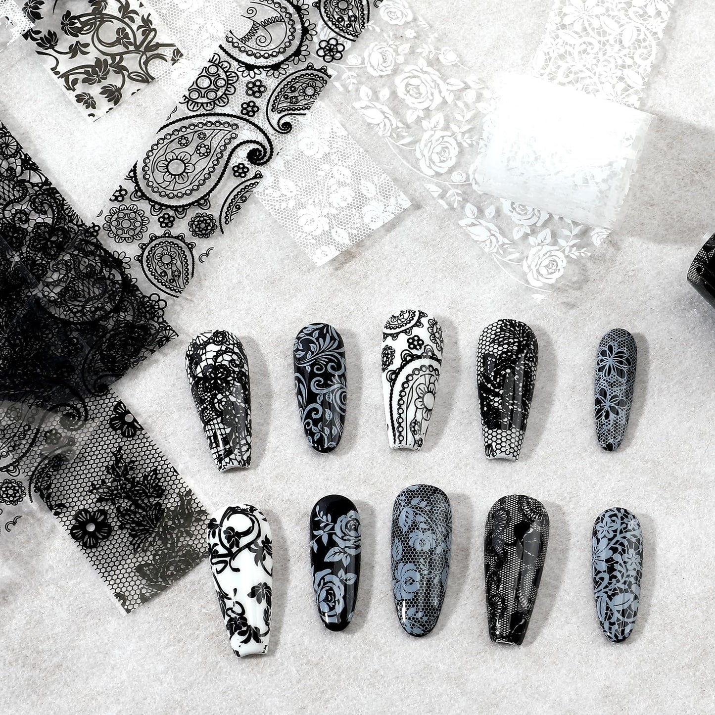 heemeei Nail Foil Transfer Sheets, 20 Rolls Nail Foils Transfer Nail Art(Black White Floral Lace Nail Foil & Spring Flowers Nails Foils Transfer Decals), Transfer Foil for Nails Manicure Decorations