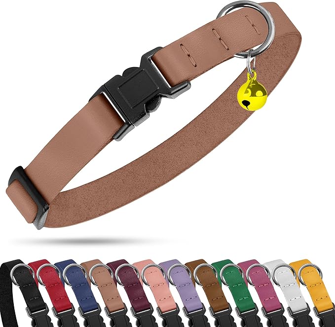 Breakaway Cat Collar with Bell - Leather Adjustable Kitten Collars with Safety Quick Release Buckle - Soft Small Pet Collars for Girl & Boy Cats (Green)
