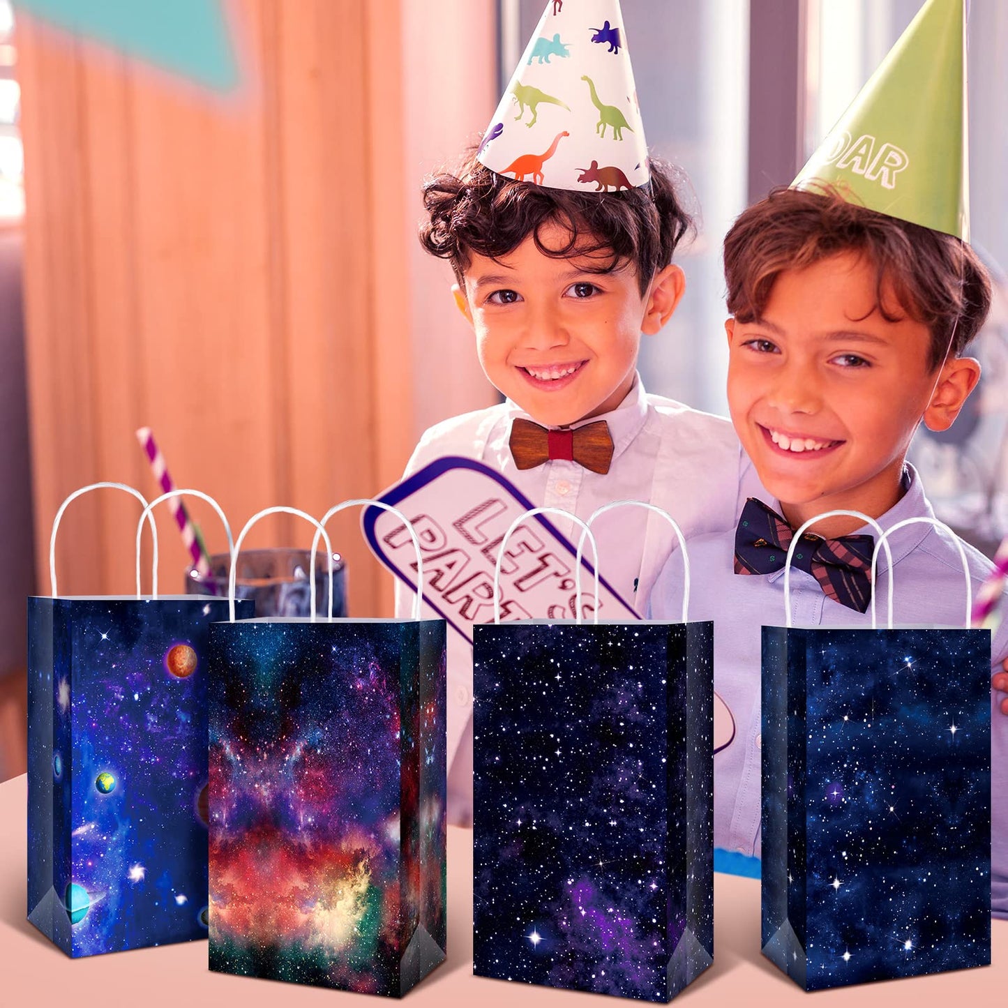 Nezyo Outer Space Present Bags - 24 Pack Galaxy Gift Bags for Kids' Space Theme Party Supplies(Galaxy Style)