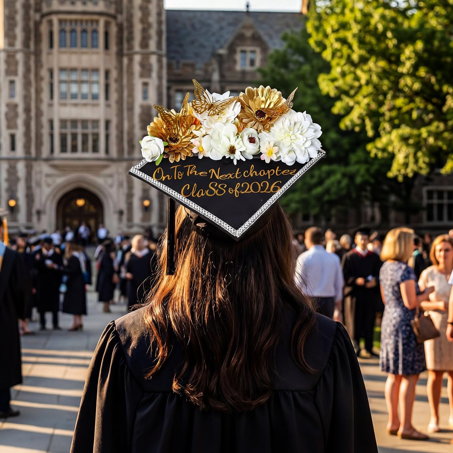 Wavwavw 53 Pcs DIY Graduation Cap Decorations Kit, 2026 Grad Cap Topper Include Faux Flowers 3D Butterfly Self Adhesive Pearl Stickers Glitter Alphabet Letter Decals for Party Decor(White)