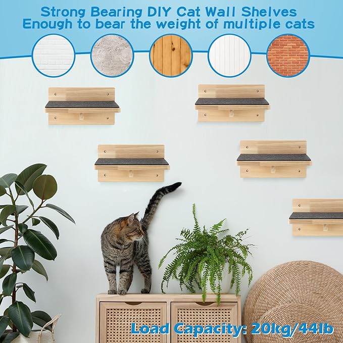 Lenwen 6 Set Cat Wall Shelves, Wood Cat Climbing Step, Wall Mounted,Classic