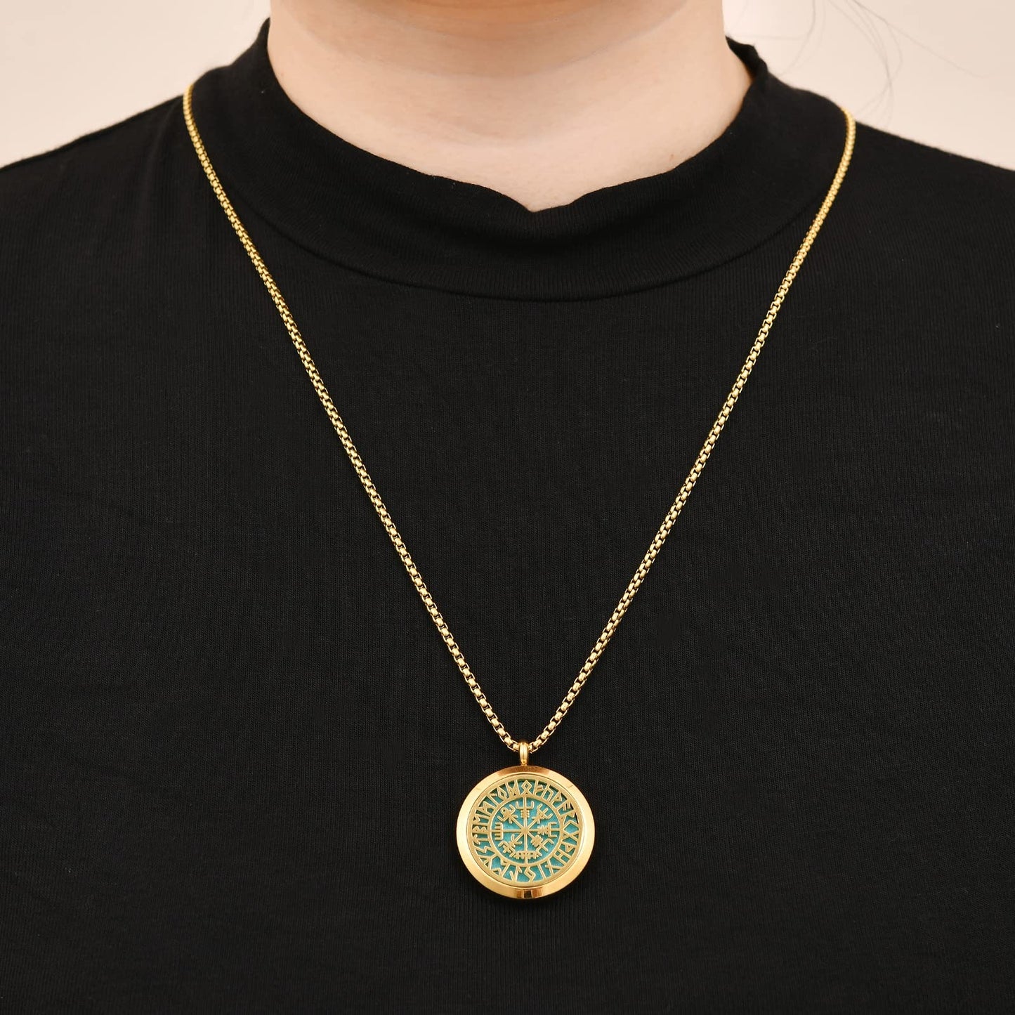 Norse Vikings Amulet Essential Oil Diffuser Necklace - Stainless Steel Locket- Best for Aromatherapy-Perfume, Fragrance, Scent Diffusers for Women (Gold)