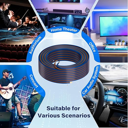HiFind 16/2 Gauge AWG Car Audio Speaker Wire Cable 30 Ft, Professional Shielded OFC Zipper Wire, Transparent Soft PVC for Automotive Stereo HiFi Home Theater System, Subwoofer, Blue+ Brown