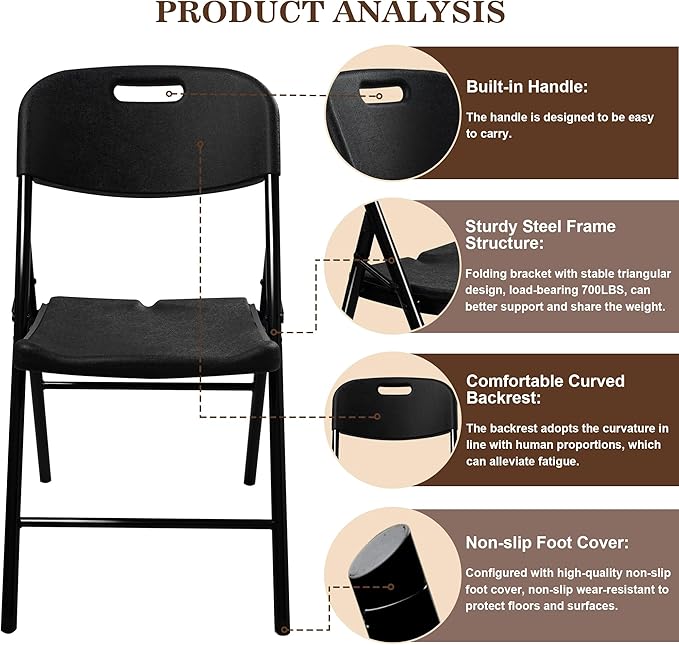 10 Pack Folding Chair, 700 lb Weight Capacity,Indoor/Outdoor Heavy Duty Foldable Chairs for Restaurants, Kitchens, Picnics, Races, Parties & Weddings. (10, Black)