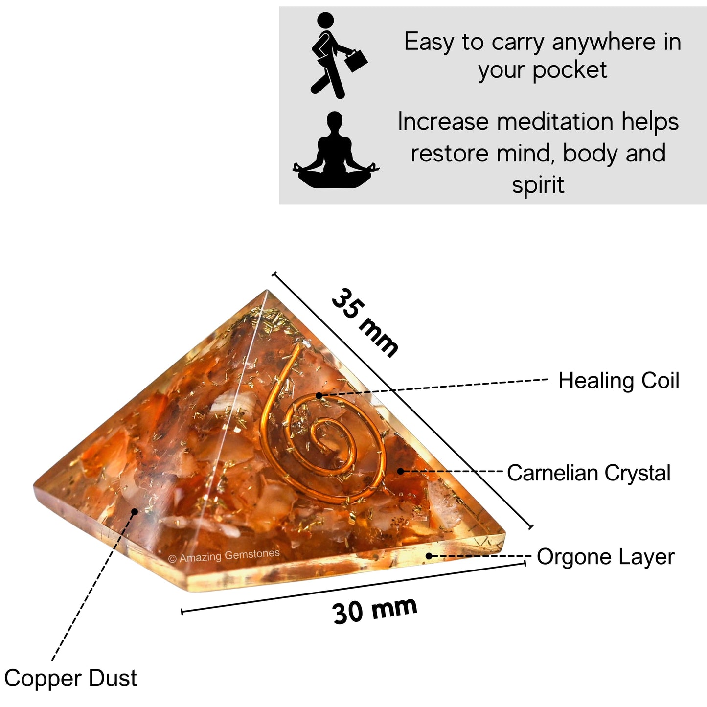 Amazing Gemstone Carnelian Orgone Pyramid - 30mm Small Orgonite Pyramids with Crystals and Healing Stones - Authentic Organite Gifts