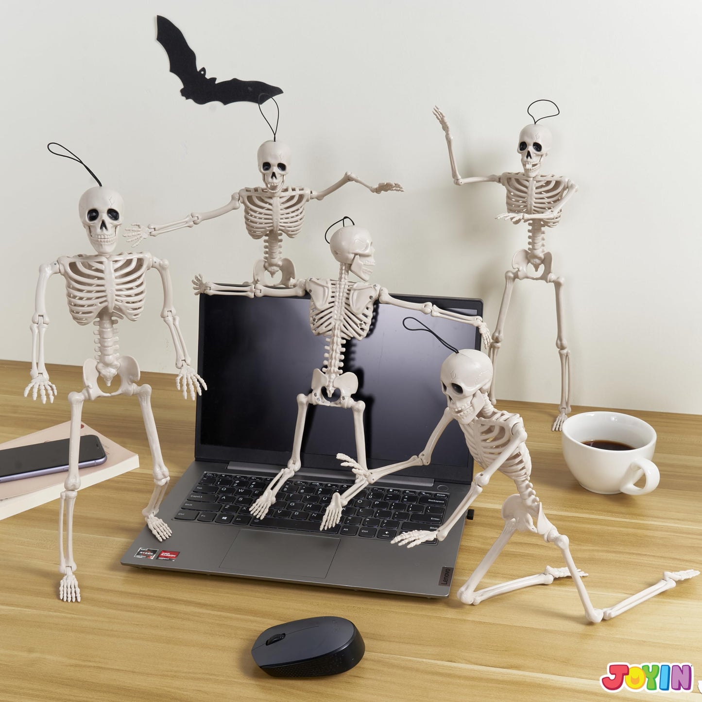 JOYIN 5 PCS Posable Halloween Skeleton Decor 16 Inches, Full Body Posable Joints Hanging Skeletons for Halloween Decorations, Graveyard Props, Haunted House Accessories, Spooky Scene Party Favors