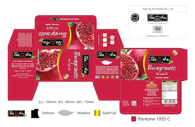 Tea4U Flavored Black Ceylon TeaBags (Pomegranate) - Ideal Quality from Sri Lanka's Finest Leaves and Expertly Blended - 25 Count