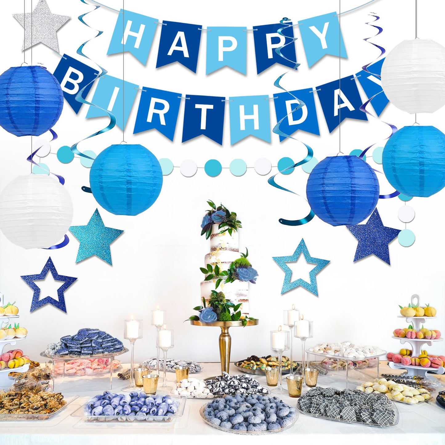 Happy Birthday Decorations, Blue Birthday Party Decorations Set with Happy Birthday Banner, Paper Lanterns, Star Swirl Hanging Decorations & Circle Dots Garland