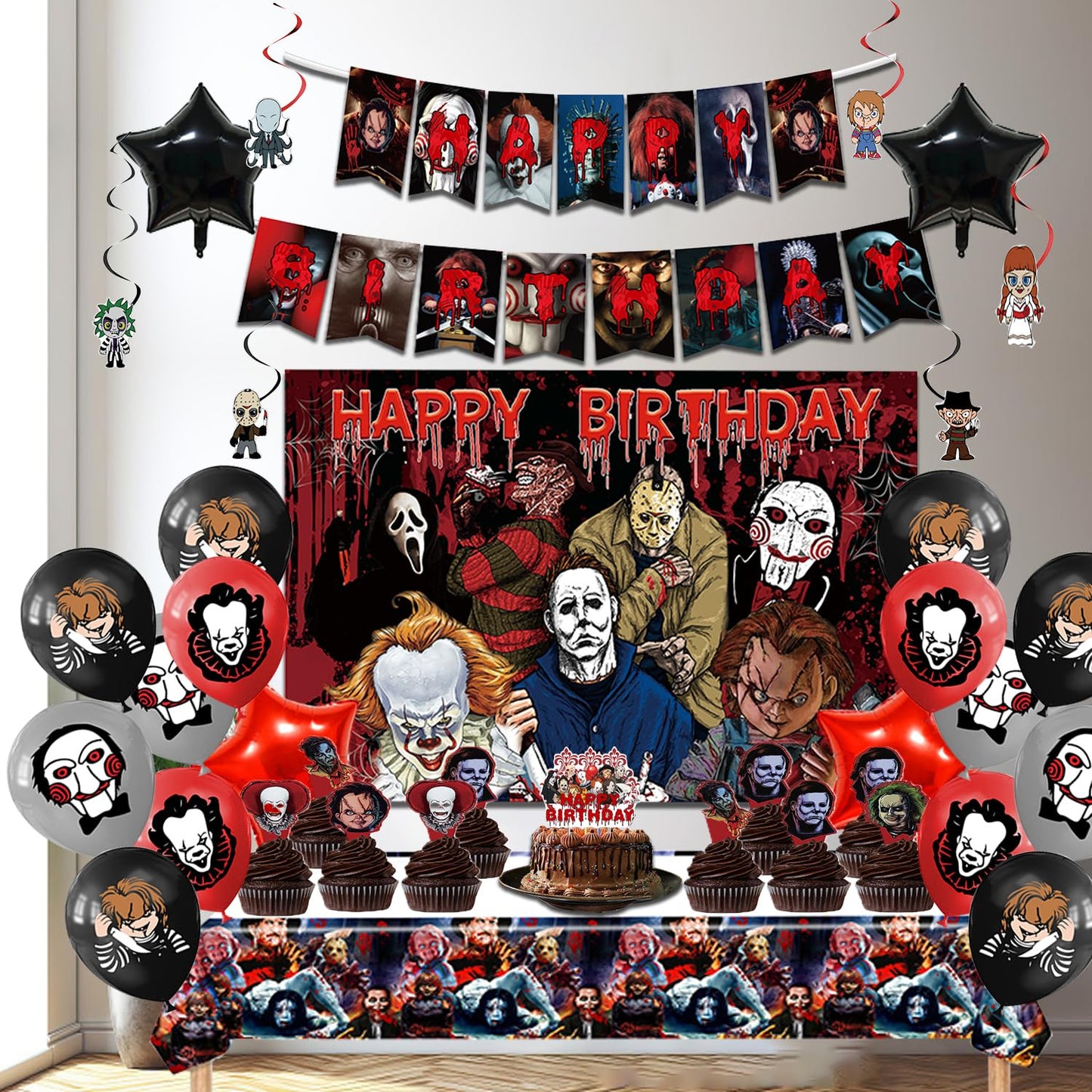 Mtgluk Horror Birthday Party Decorations Kit โ 38 Pcs Halloween Themed Supplies with Banner, Backdrop, Tablecloth, Balloons & Cake Toppers for Spooky Celebrations