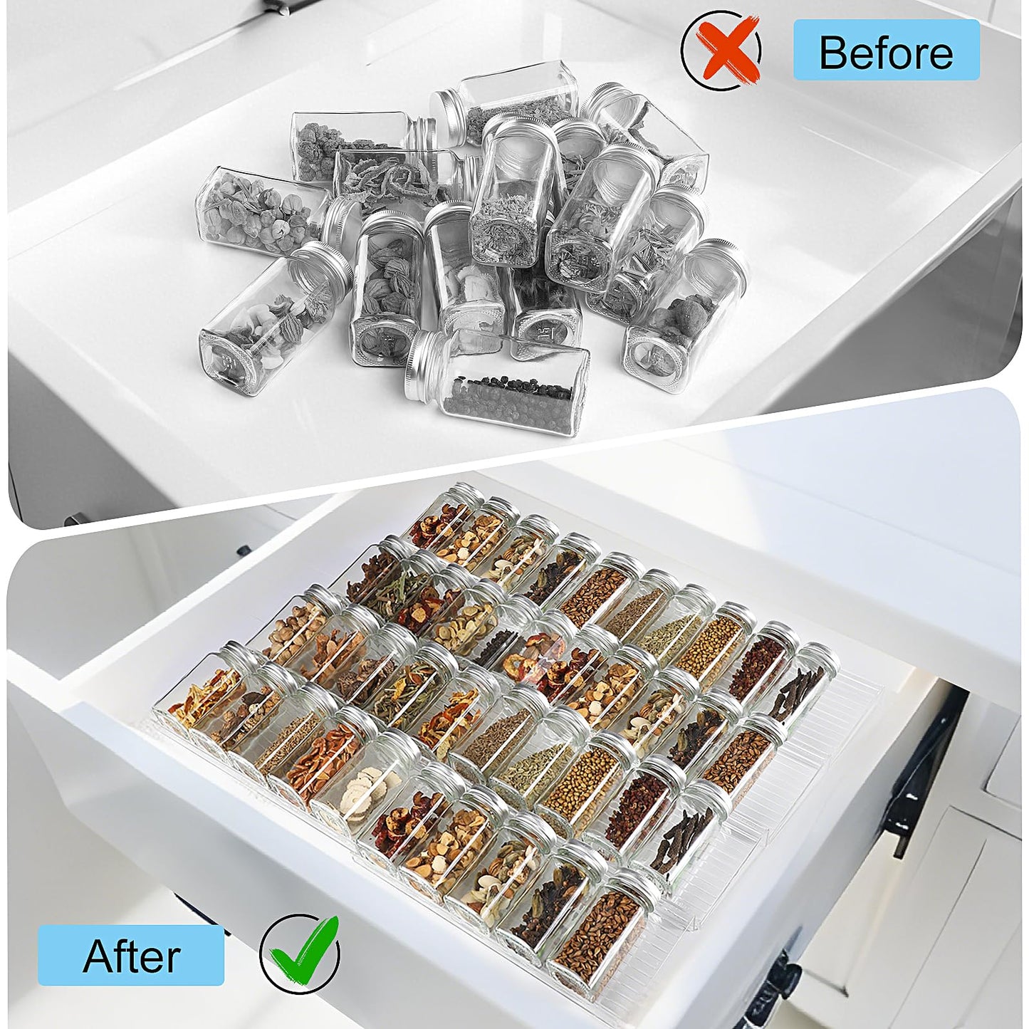 Derlyniupi Spice Drawer Organizer, 8 Pcs Clear Acrylic Drawer Seasoning Organizer, Expandable From 11'' to 22'' Kitchen Spice Rack for Drawer, Ideal for Kitchen Spice Organization (Jars not included)