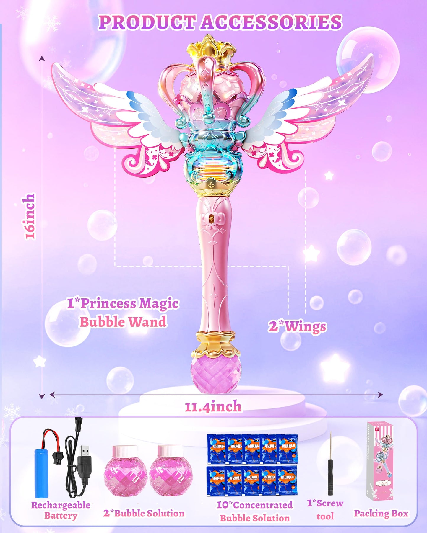 Uregoio Princess Bubble Wand for Girls - Rechargeable Spinning Light Up Magic Fairy Scepter Bubble Machine Toy with 12 Bubble Refills & Music, Easter Birthday Gift for Kids Toddlers Age 3-8 (Pink)