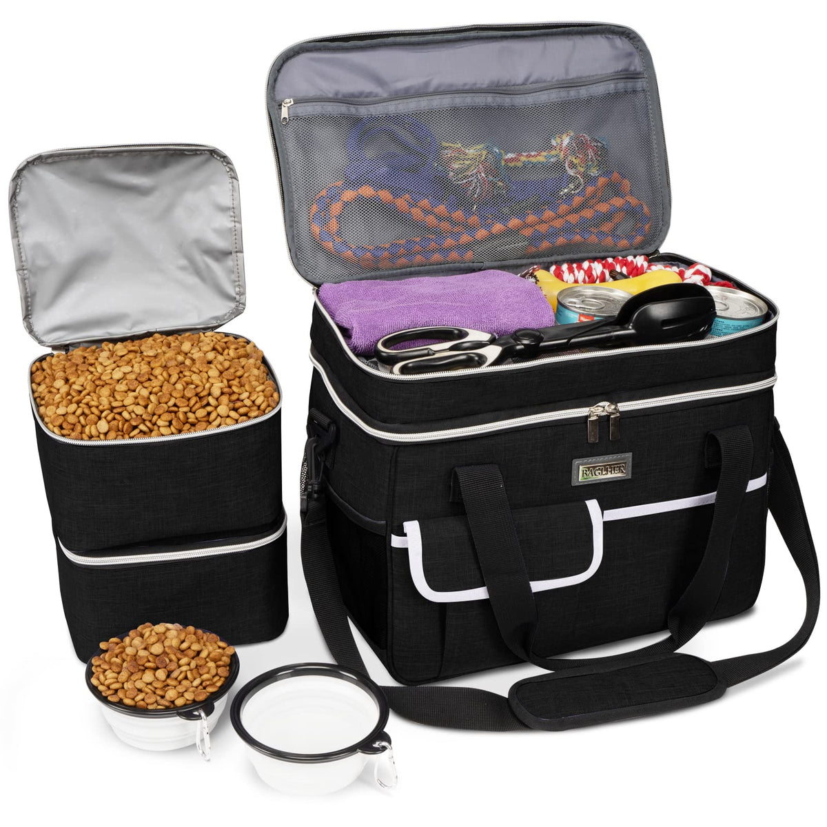BAGLHER Dog Travel Bag Backpack Pet Supplies Backpack Pet Accessories Storage Bag 5-Piece Set With Shoulder Strap 2 Lined Pet Food Containers 2 Foldable Feeding Bowls Essential Kit for Pet travel