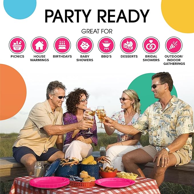 Exquisite Hot Pink Paper Plates Disposable Heavy Duty 100 Pcs - 50-7" & 50-9" Hot Pink Disposable Plates For Party Heavy Duty Paper Plate 350 GSM Birthday Party Supplies Plate Set