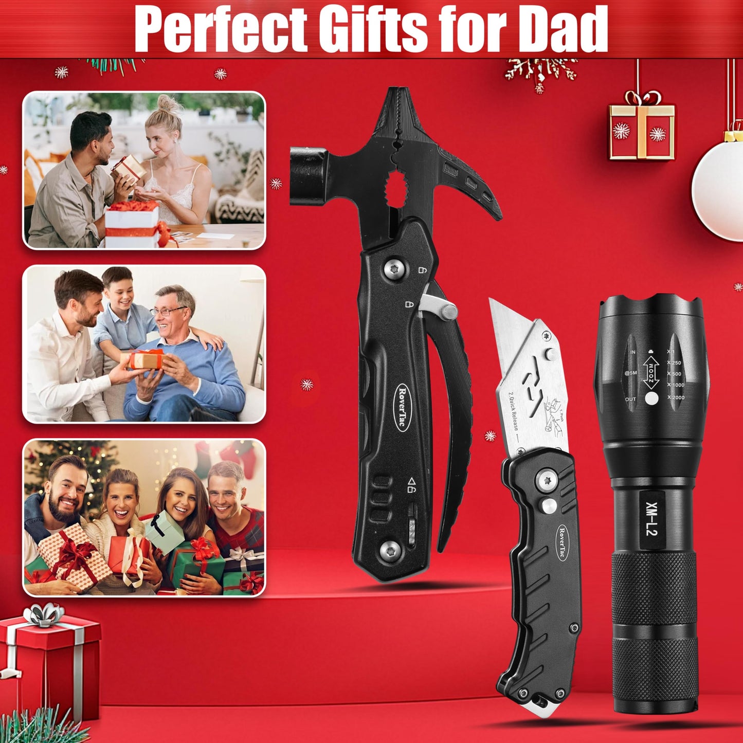 RoverTac Dad Tool Gift Set, 12-in-1 Multitool Hammer, Flashlight & Utility Knife in a Gift Box with "BEST DAD EVER", Unique & Practical Gift for Dad on Fatherās Day, Birthday, Christmas & Retirement