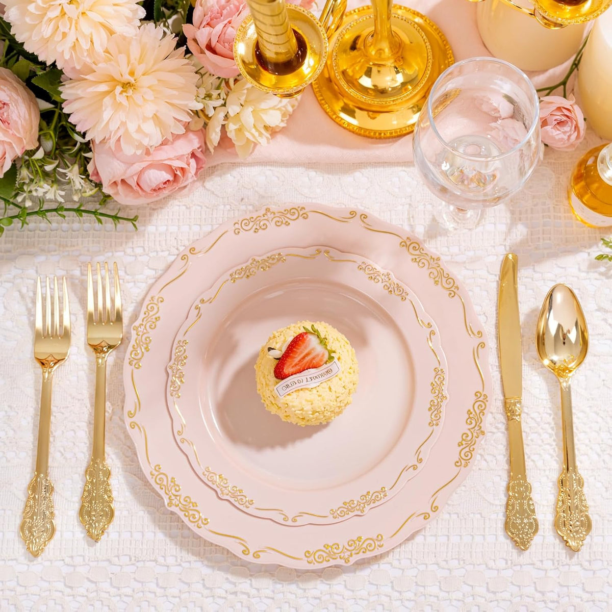 DaYammi 150Pcs Pink Gold Plastic Plates & Disposable Silverware, Pink Disposable Plates for Party Include 30 Dinner Plate,30 Dessert Plate,30 Knives,30 Forks,30 Spoons for Wedding Catering