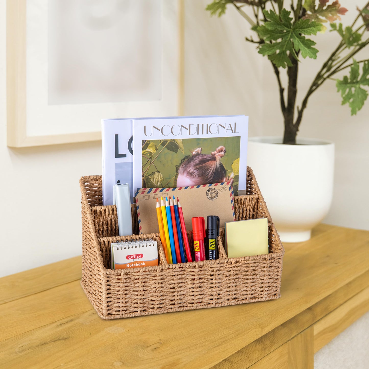 DINGTAI Rattan Desk Organizer, Tabletop Mail Holder, 5 Slot Mail Organizer Countertop Basket, Rattan Office Supplies, Boho Office Desk Accessories, Wicker Desk Organizer, Magazine Holder(Wicker)