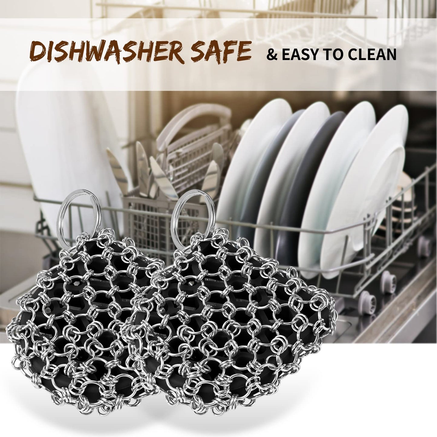 Herda Cast Iron Scrubber Tool Kit,2Pack Cast Iron Skillet Cleaner Cleaning Care Kit 316 Chain Mail Scrubber, Steel Skillet Brush Plastic Pan Scraper Set for Grill Griddle Pot Dish Food