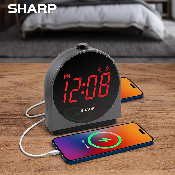 Sharp Digital Alarm Clock, USB-C & USB Charging, Dual Alarm, Large Display