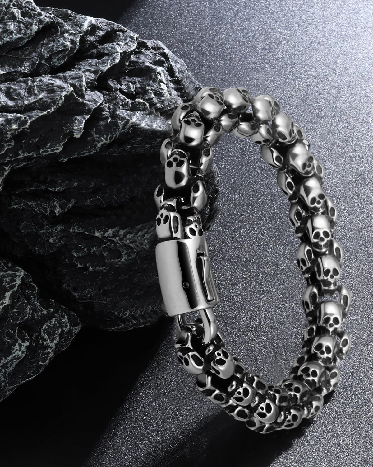 LuxGoth Stainless Steel Skull Heavy Cuban Link Chain Bracelet Gothic Punk Rock Biker Viking Vintage Link Curb Bracelet Jewelry for Men Silver GTS-B8B44701