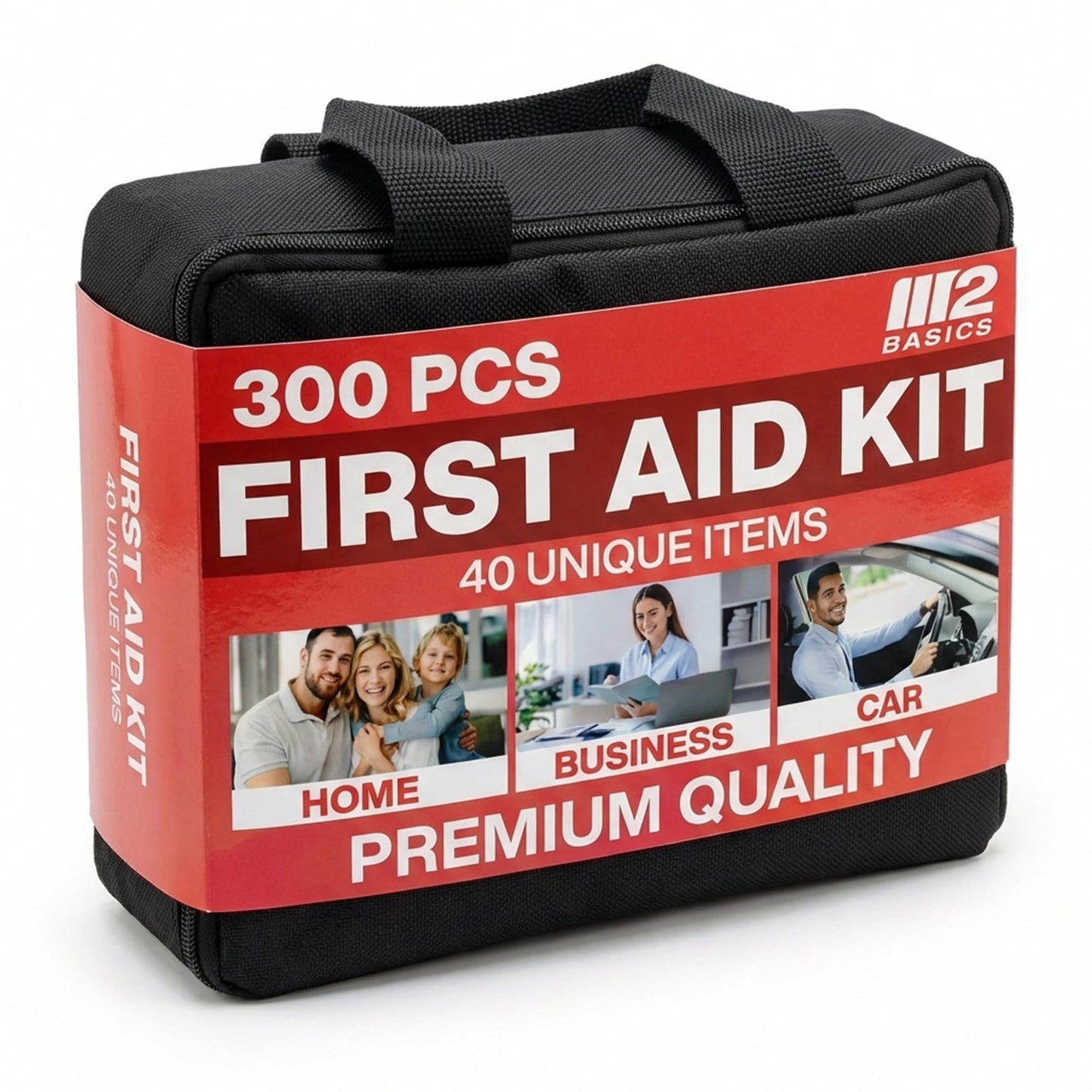 M2 BASICS 300 Piece First Aid Kit, 40 Items, Compact Emergency Medical Kit with Durable Carry Bag for Home, Car, Travel, Office, Camping