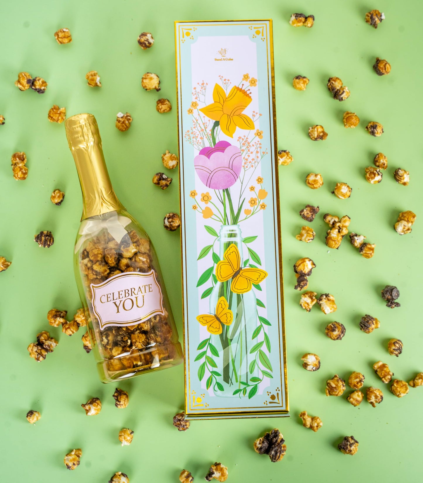 Birthday Floral Bubble Box with Chocolate Popcorn by Send A Cake, Ready to Gift, No Assembly Required - Unique Happy Birthday Gift for Women, Men, Sister, Mom, Dad, Best Friend