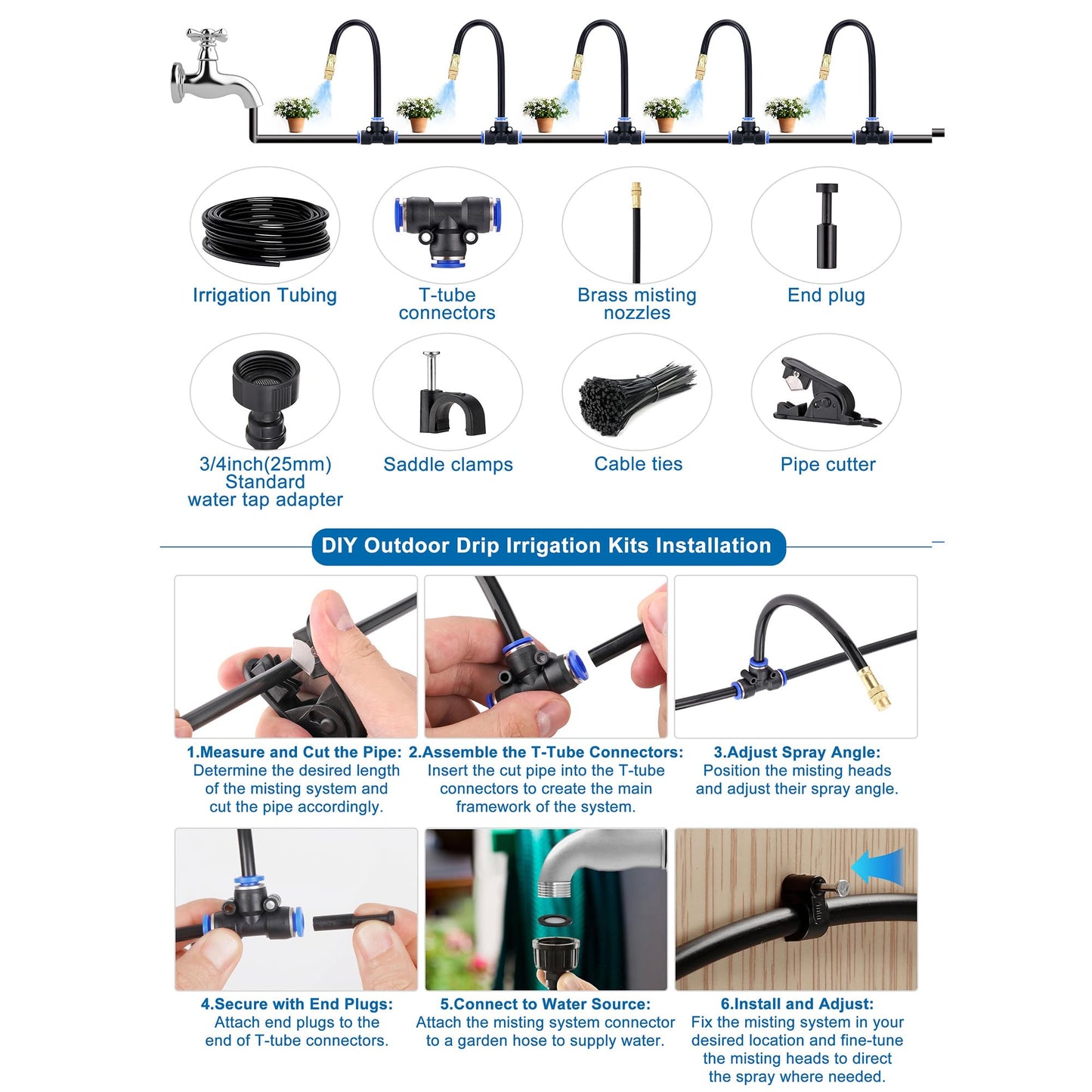 Mornajina Automatic Drip Irrigation Kits Garden Irrigation System, Includes 50FT 5/16 inch Irrigation Tubing Hose & 15Pcs 360° Bending Dropper Atomizing Mist Nozzles Tee for Garden Watering System