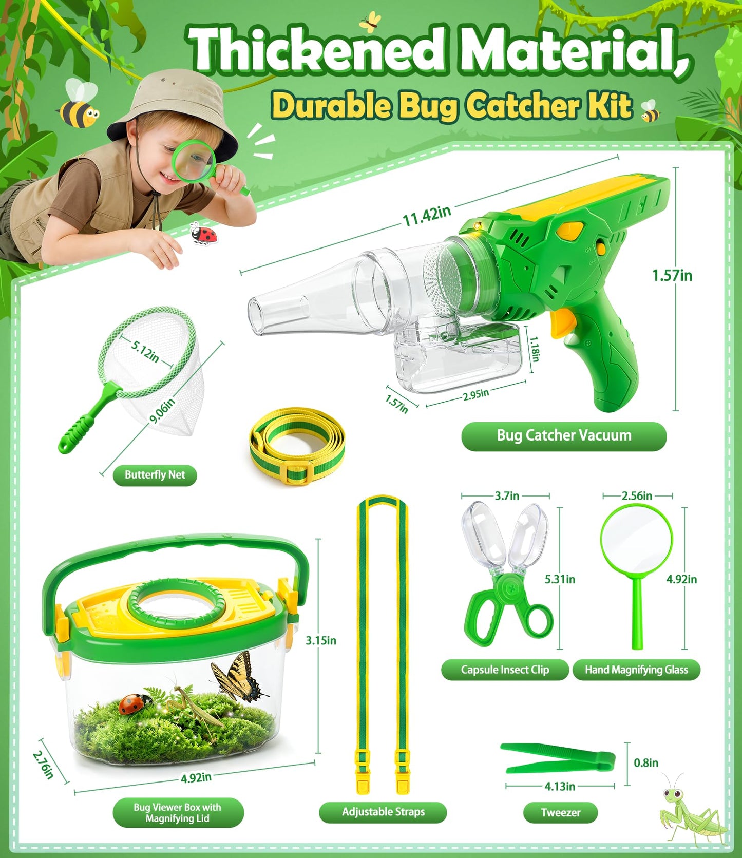 SOLIEHOO Bug Catcher for Kids 3-12, Bug Vacuum Bugs Catching Release Kit, Magnifying Glass Bug Collector Butterfly Net Bugs Grabber Insect Catcher Tweezers, Boys Outside Explorer Toys Birthday Gift