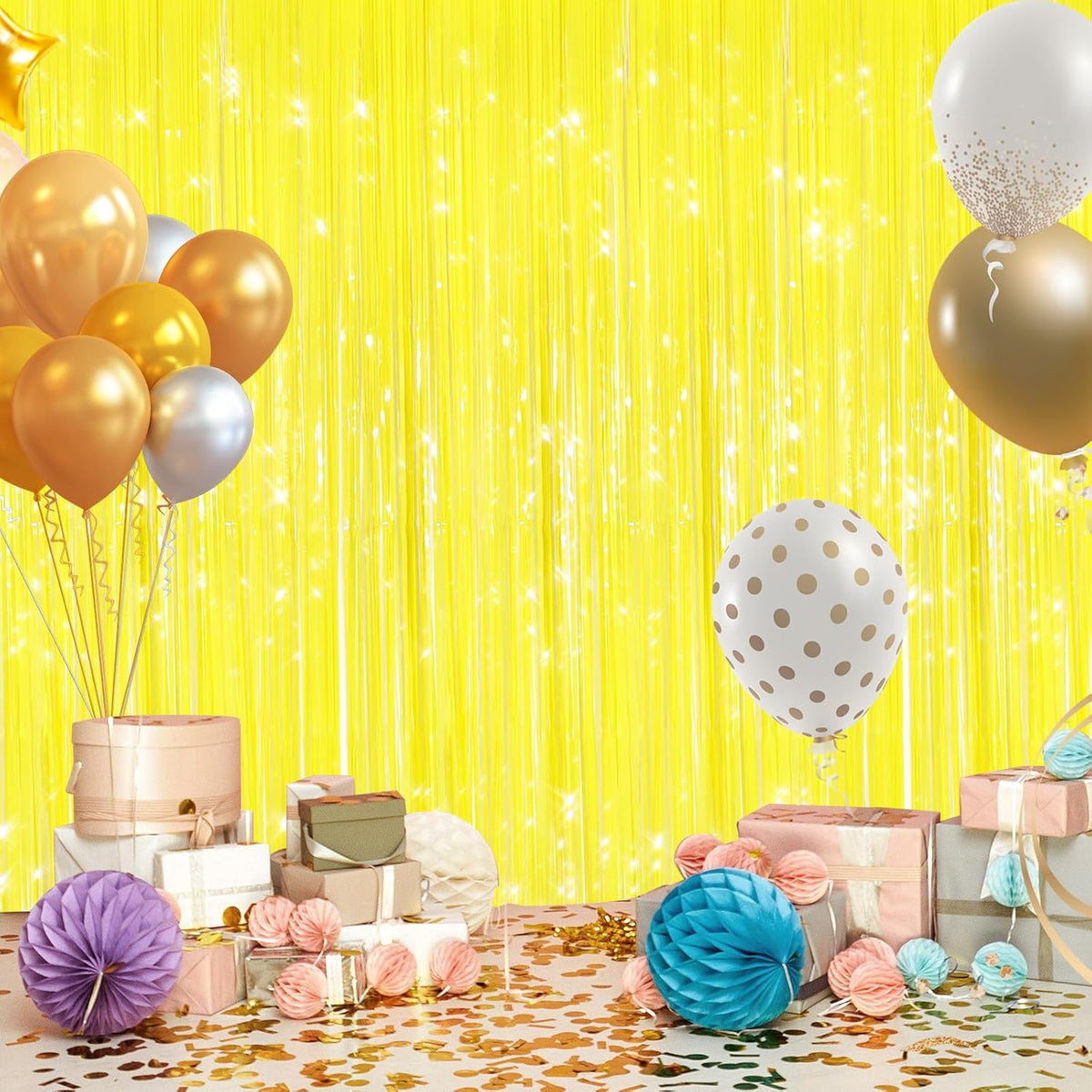 GCB 2Pack Macaron Yellow Metallic Tinsel Foil Fringe Curtains, Door Streamers Photo Booth Backdrop for Birthday Party, Tinsel Curtain Backdrop for Baby Shower Bachelorette Christmas Party Decorations